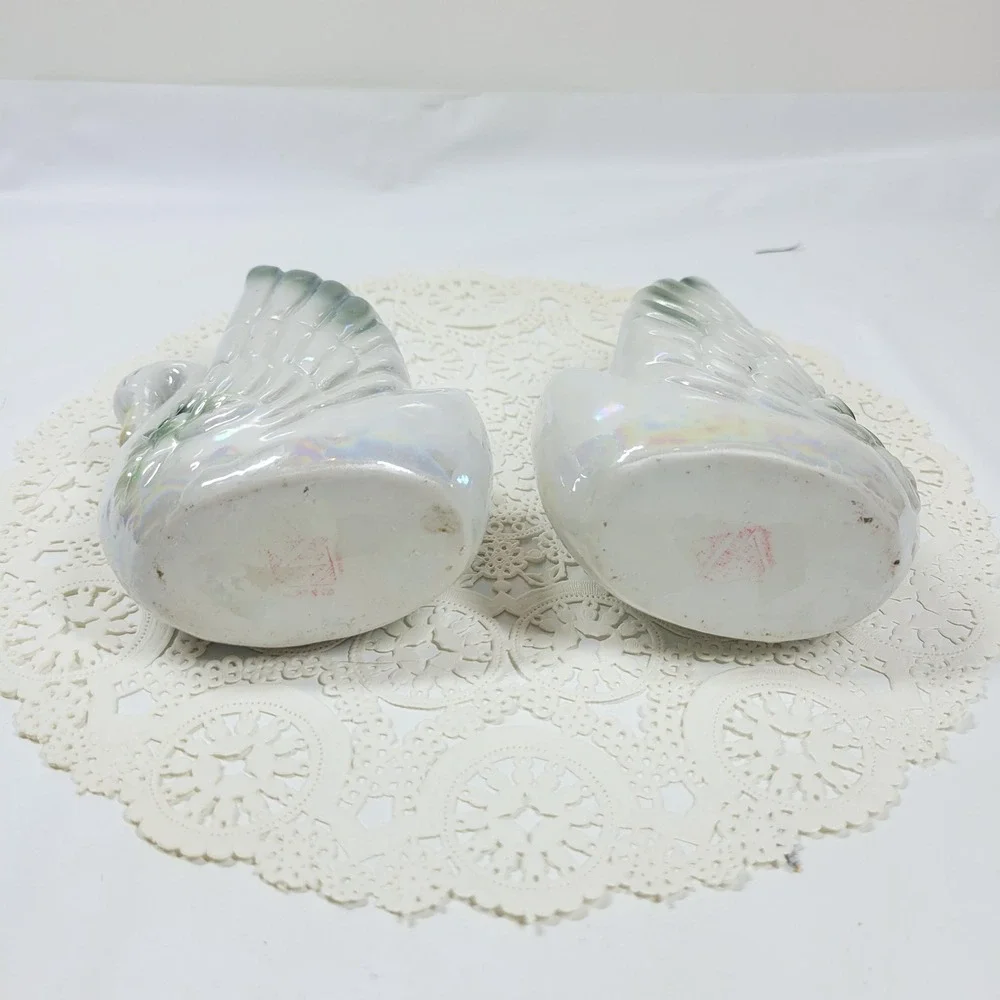 Vintage Lusterware Swan Iridescent Ceramic Figurine Pair Wedding Cake Topper